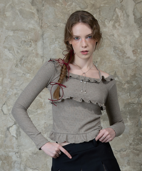 LARTIGENT ♥ L13 FRILL HALTER SLEEVE /追跡付 라티젠(LARTIGENT) L13 FRILL HALTER SLEEVE(BROWN) - 사이즈
