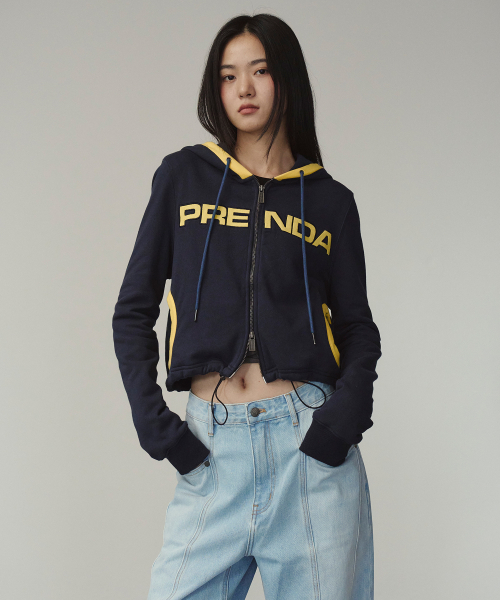 CROP SWEAT STRING HOOD ZIP-UP NAVY