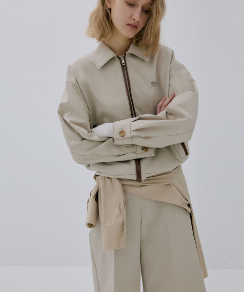 LEATHER BLOCK BLOUSON JUMPER_BEIGE