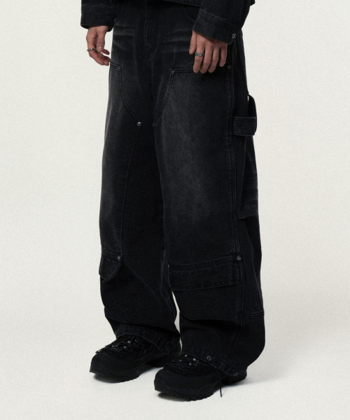 아이돈워너셀() Overlap Carpenter Denim Pants Black 상품 이미지