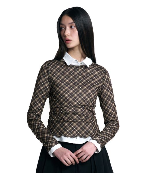 CHEEKCHECK SLIM-FIT T-SHIRT [BROWN]