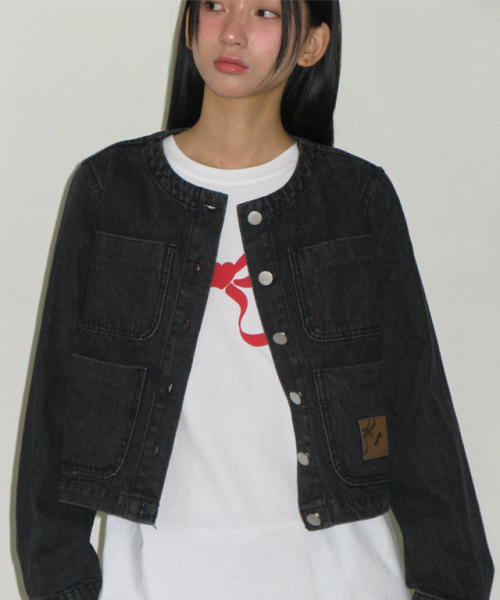 NON COLLAR POCKET DENIM JACKET BLACK