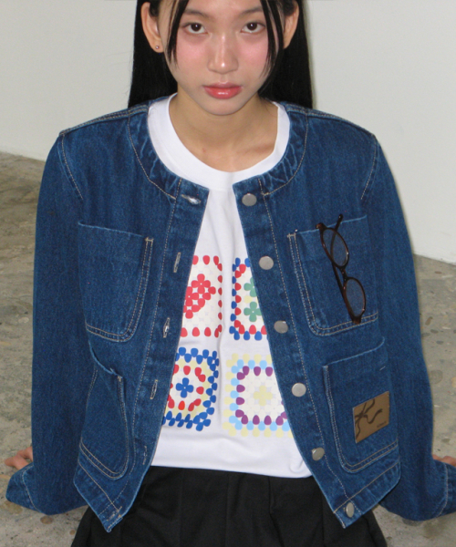 론론(RONRON) NON COLLAR POCKET DENIM JACKET DARK BLUE