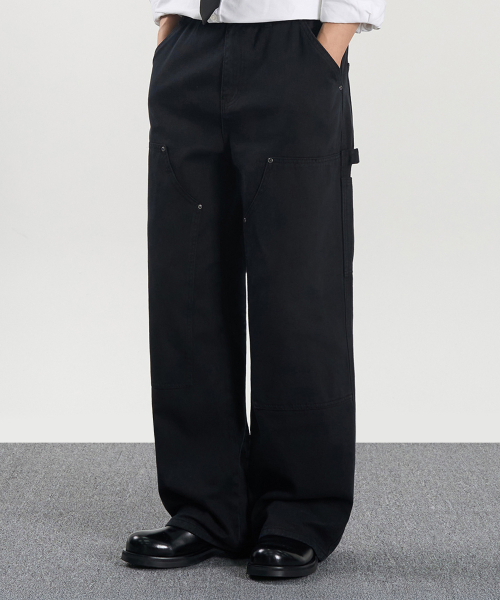 двойнойколено одежда окрашенный брюки (WASHED BLACK)