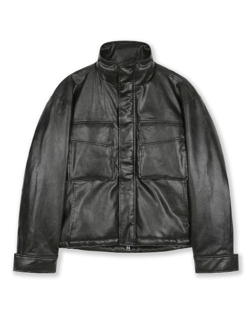 BIG POCKET HOODED LEATHER JUMPER BLACK