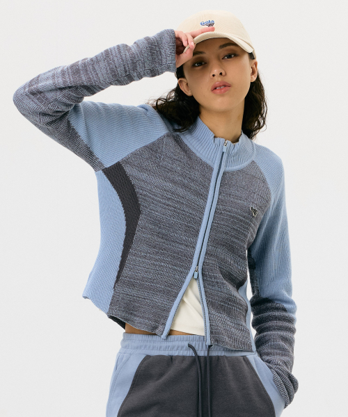 W SPORTY COLOR BLOCK KNIT ZIP-UP [SKY BLUE]