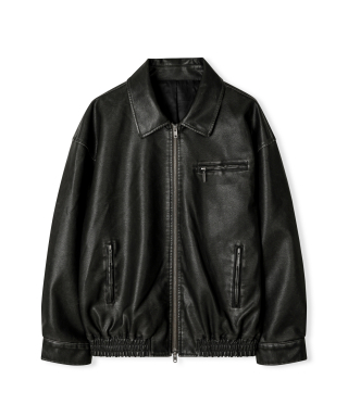 LEATHERY レザーオーバーフィットブルゾンジャケット [WASHED BLACK] 画像 1
