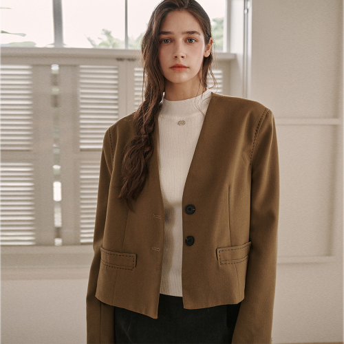 Короткий шерстяной жакет без воротника со строчкой - Khaki Brown