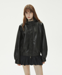 9173 NATURAL WASHED HIGH-NECK LEATHER BLOUSON_BLACK