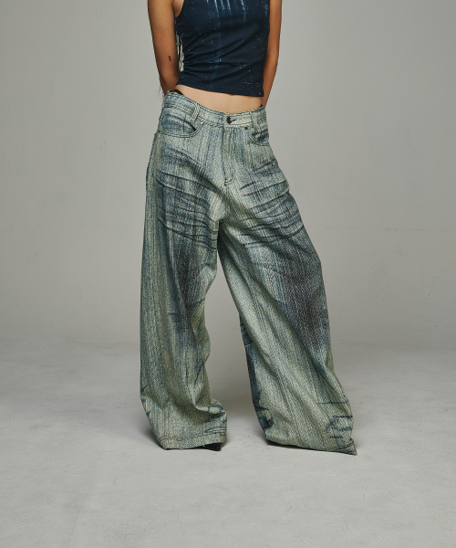 【BLR】Green Printed Wide Denim Pants 비엘알(BLR) Green Printed Wide Denim Pants - 사이즈 & 후기