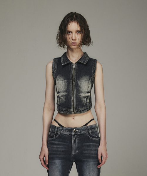 Summer Washing Biker Denim Zip-up Vest синий