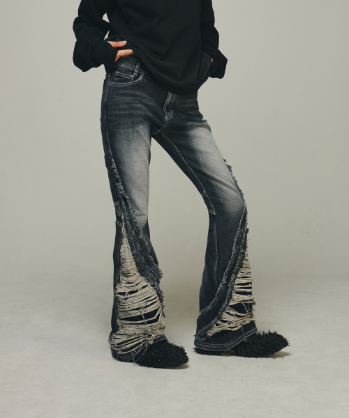 Destroyed Crush Double Line Washing Denim Pants