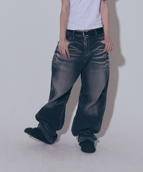 비엘알(BLR) Embossed Wave Washing Wide Denim Pants Blue