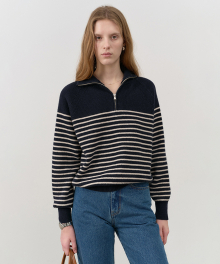 UNISEX STRIPED HALF ZIP-UP SWEATER FRENCH NAVY / CREAM_UDSW4C103N2