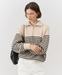 UNISEX STRIPED HALF ZIP-UP SWEATER CREAM / BLACK_UDSW4C103CR