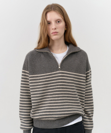 UNISEX STRIPED HALF ZIP-UP SWEATER CHARCOAL GREY / CREAM_UDSW4C103CG