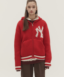 NYC RIBBED KNIT HOODIE ZIP-UP RED