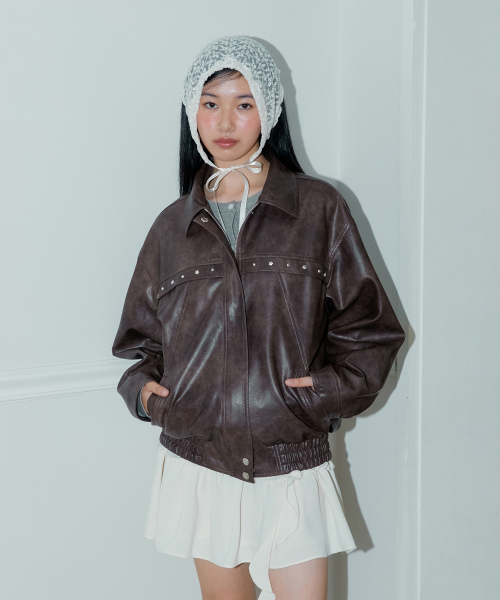【MARGARIN FINGERS】25ss RIVET WASHED ECO LEATHER JACKET 25SP] RIVET WASHED ECO LEATHER JACKET (BEIGE)_MARGARIN