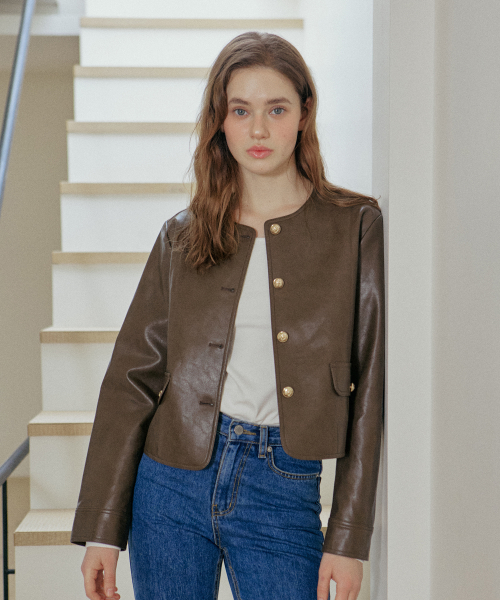 ROUND LEATHER JACKET_BROWN