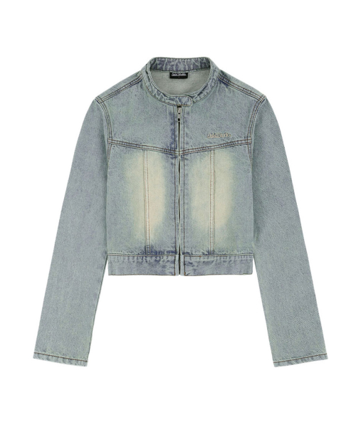 Укороченная байкерская джинсовка с эффектом стирки - LIGHT BLUE
