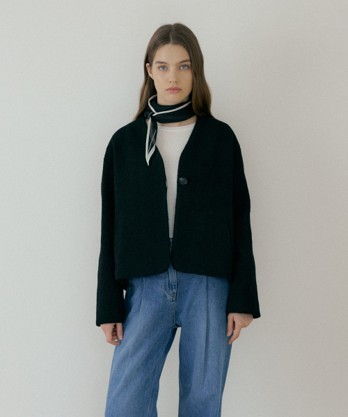 V NECK SHORT COAT- Black