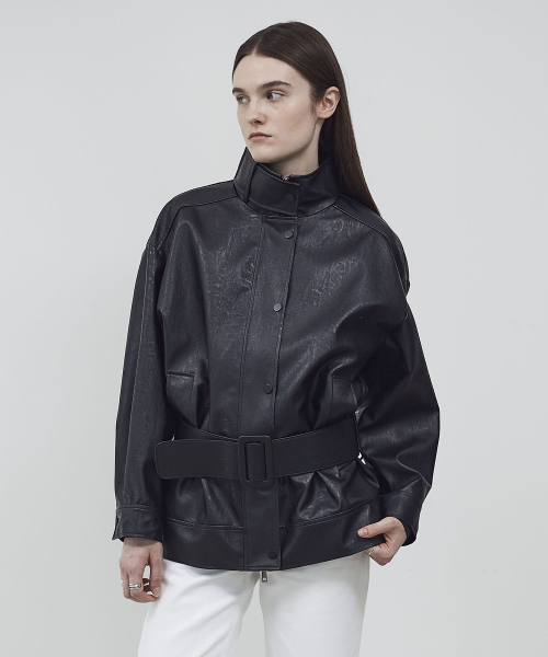 BELTED HIGH NECK LEATHER JUMPER- BLACK