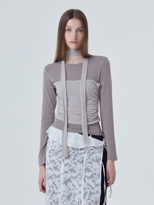 에트몽(ETMON) Layered Shirring Scarf T-Shirt, Ash Brown