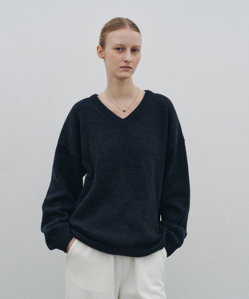 Drop шерстяной V-neck Pullover (Navy)