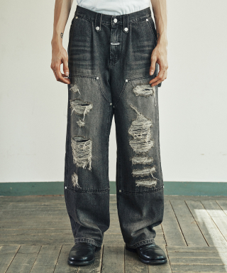 더바이닐하우스(THEVINYLHOUSE) DESTROYED DOUBLE KNEE DENIM PANTS BLACK 상품 이미지