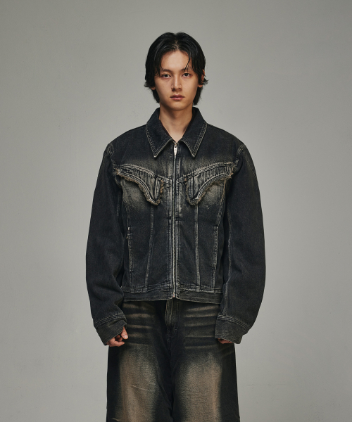 Dyed Curved Line Denim Trucker Jacket