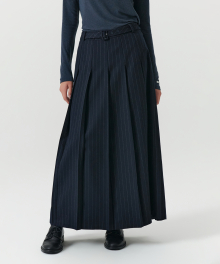 Classic Belt Pleats Maxi Skirt - Navy Stripe