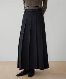 Classic Belt Pleats Maxi Skirt - Black