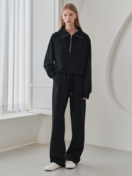 Collar Zip up T-Shirts Set Up - Black