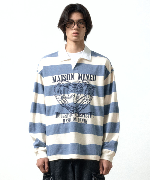 Tシャツ・カットソー [MAISON MINED] DOODLE HEART HALF T WHITE GREYISH BLUE 메종미네드 ~30% - DOODLE HEART HALF T WHITE GREYISH BLUE