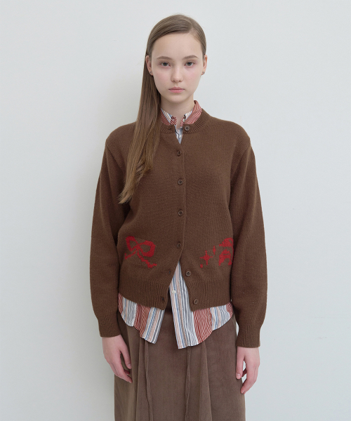 Жаккардовый кардиган с круглым вырезом — Brown