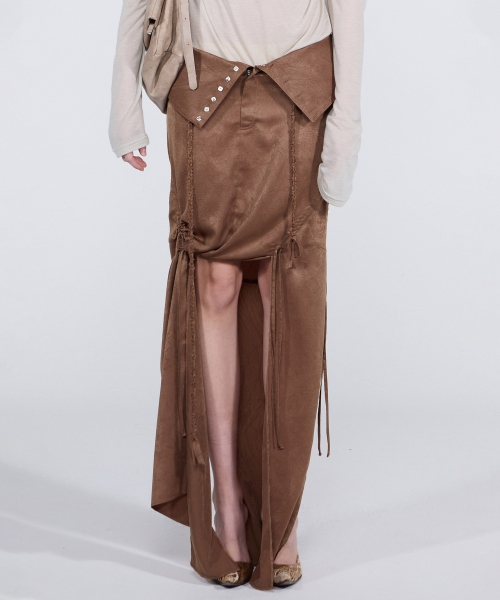 ★SCULPTOR★ Braid Detail Satin Skirt Brown SC24A418BR 7/8 Front Slit Ribbon Skirt - Ash – KES