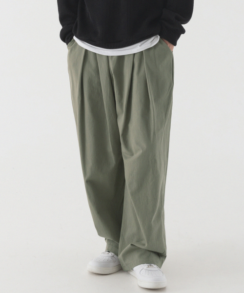 Широкие хлопковые брюки на резинке со складками (Light Khaki)