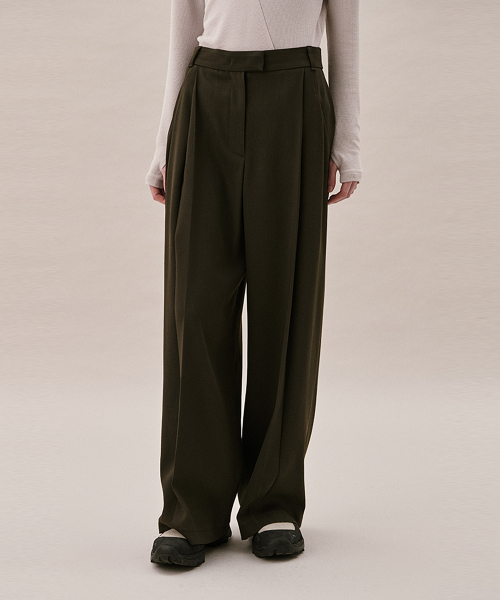 ITALIAN WOOL BLEND TUCKED PANTS_DARK KHAKI