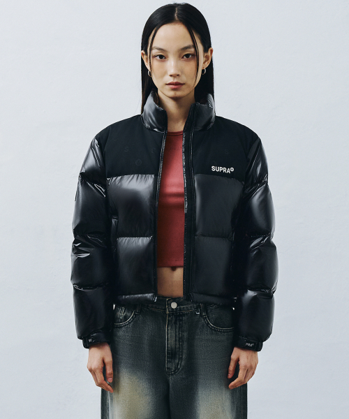 Женский короткий пуховик жаккард с контрастной отделкой (BLACK)