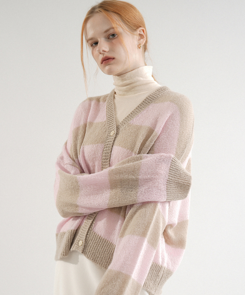 Mohair Striped Knit Cardigan (Pink)