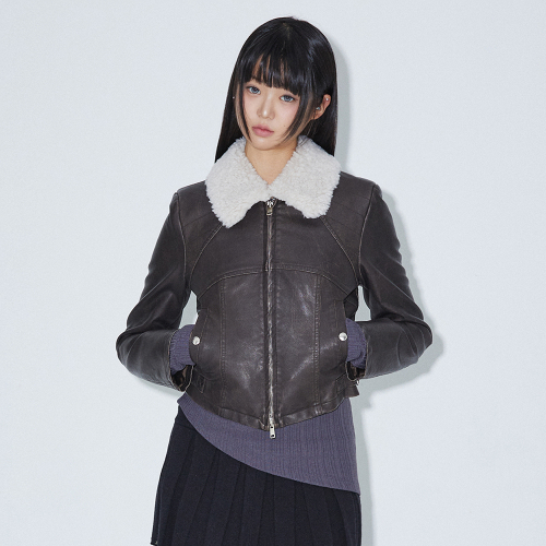 NECK FUR SLIM FAKE LEATHER JACKET DARK BROWN BQ4MJ002
