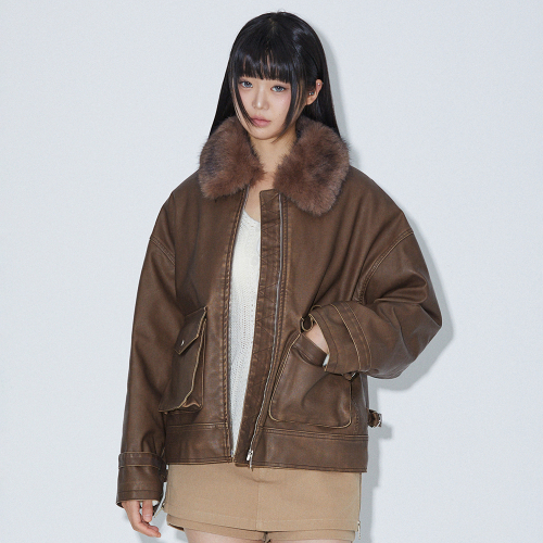 NECK FUR OVERSIZED FAKE LEATHER JACKET BROWN BQ4MJ001