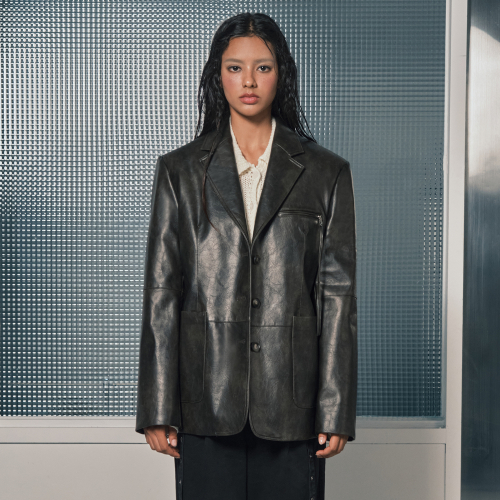 OVERSIZED FAKE LEATHER BLAZER JACKET BLACK BQ4LJ001