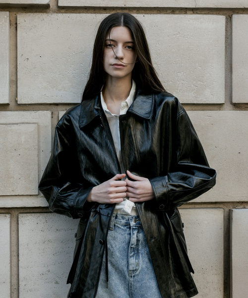 DRAWSTRING WAIST VEGAN LEATHER JACKET