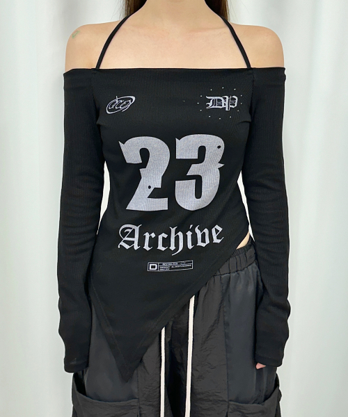 RIB PRINTING OFF SHOULDER, BLACK