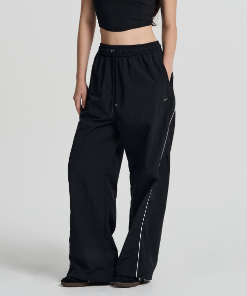 Womens Side Piping Nylon Pants Black