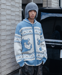 BEAR ZIP-UP COWICHAN KNIT SWEATER ash blue