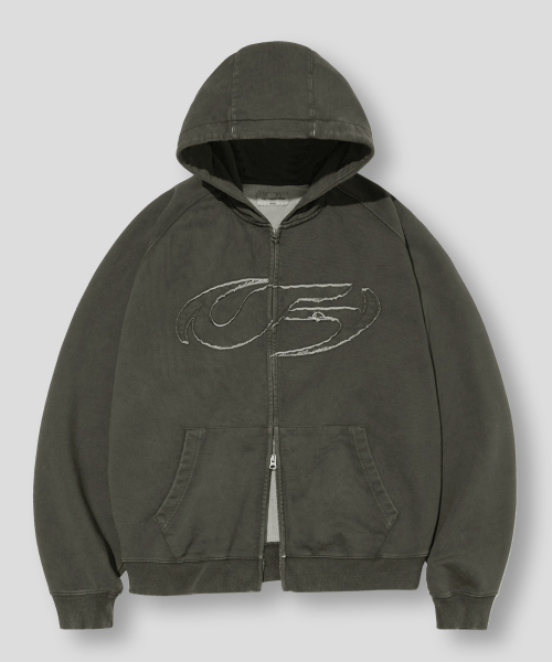 Symbol Stone Pigment Hood Zip Up-Charcoal