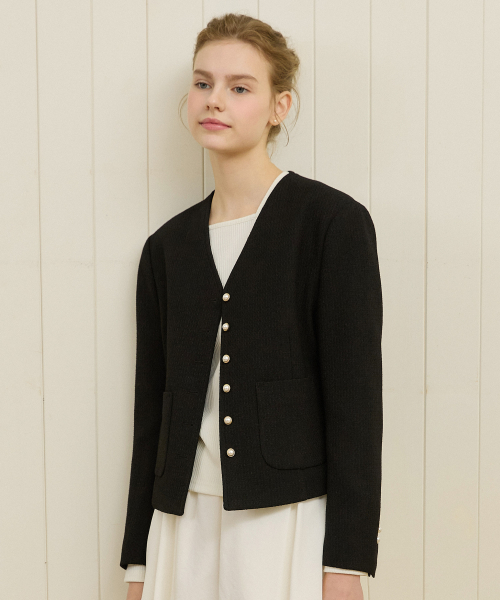 V-neck Tweed Jacket - Black