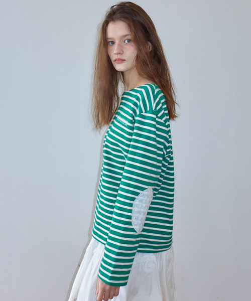 론론(RONRON) STRIPE LACE PATCH ELBOW PATCH LONG SLEEVE GREEN